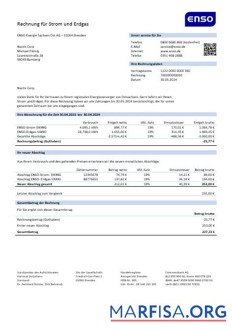 Blank Germany ENSO rechnung für strom und erdgas business utility bill template in Word and PDF formats1